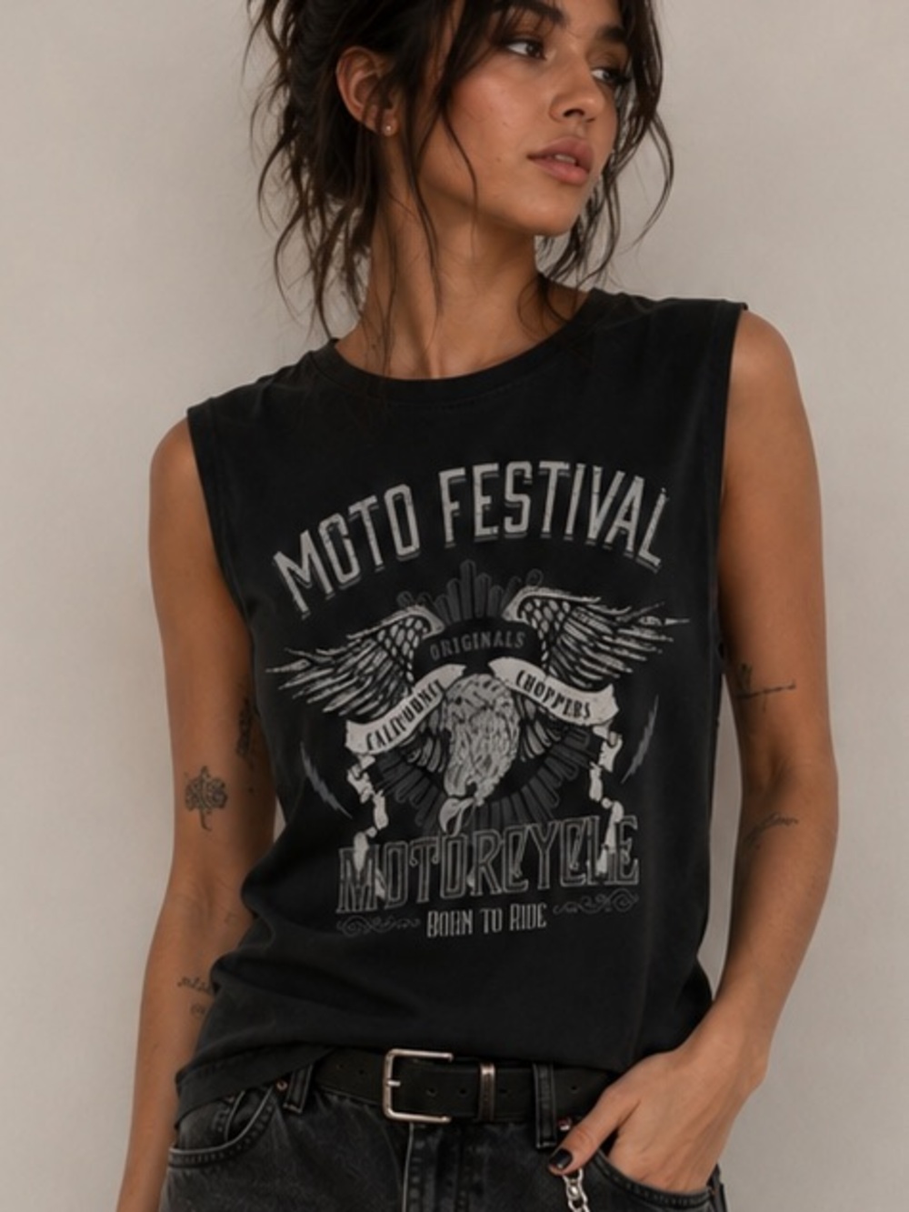 The Pink Closet Women’s Sleeveless Black Moto Festival Graphic Tank /SZ S fits M